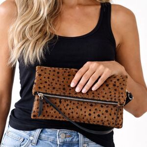 Leopard Calf Hair Leather Clutch Crossbody Brown Black Animal Print Boutique